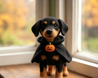 Custom Felt Dog Halloween Ornament, Handmade Wool Felt Puppy Figure, Custom Pet Portrait Ornament, Pumpkin Costume Dog Decor, Autumn Gift