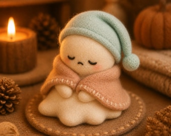 Sleepy Felt Ghost Figurine, Starry Night Ghost Ornament, Cute Halloween Decoration, Cozy Fall Shelf Decor Gift