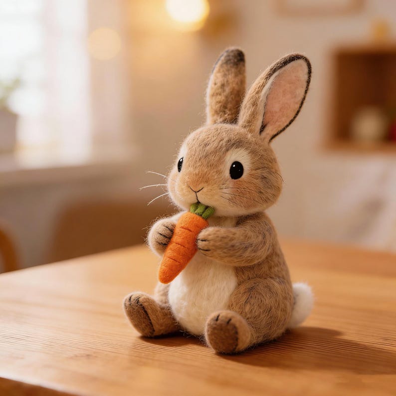 May include: A plush, seated bunny rabbit with brown fur, large ears, and black eyes. The rabbit holds a bright orange carrot with green leaves in its paws. The bunny is sitting on a wooden surface.