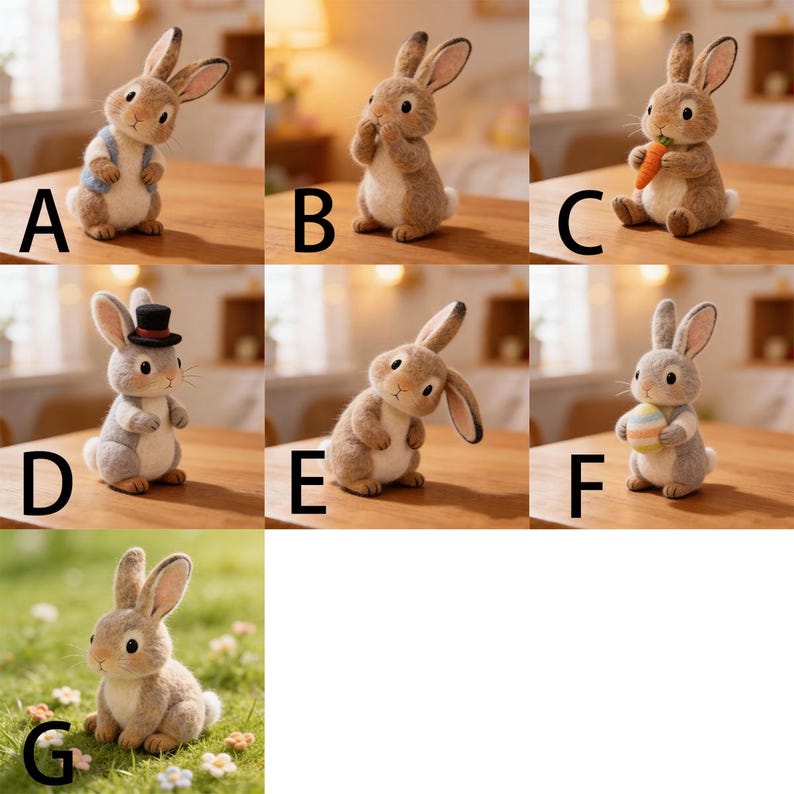 May include: A collection of adorable bunny figurines, each with unique features. One wears a blue vest, another holds a carrot, and another has a top hat. The bunnies are various shades of brown and gray, perfect for Easter decor.