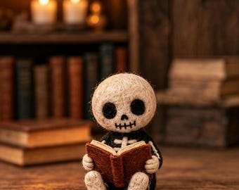 Halloween Skeleton Felt Figurine, Cute Pumpkin Skeleton Ornament, Handmade Style Spooky Decor, Fall Season Shelf Decoration