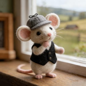 May include: A handcrafted felt mouse figurine, wearing a gray cap and a black vest. The mouse has pink ears, paws, and a tail, and is posed thoughtfully. The figurine is standing on a wooden surface near a window with a blurred outdoor view.