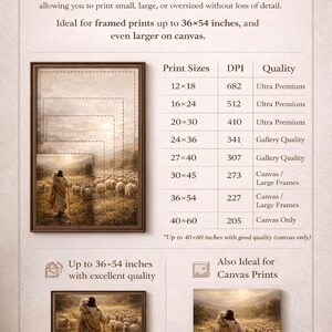 May include: An advertisement for high-resolution art prints. The image shows a framed artwork with a person and sheep, with print size options from 12x18 inches to 40x60 inches. The text highlights print quality and canvas options.