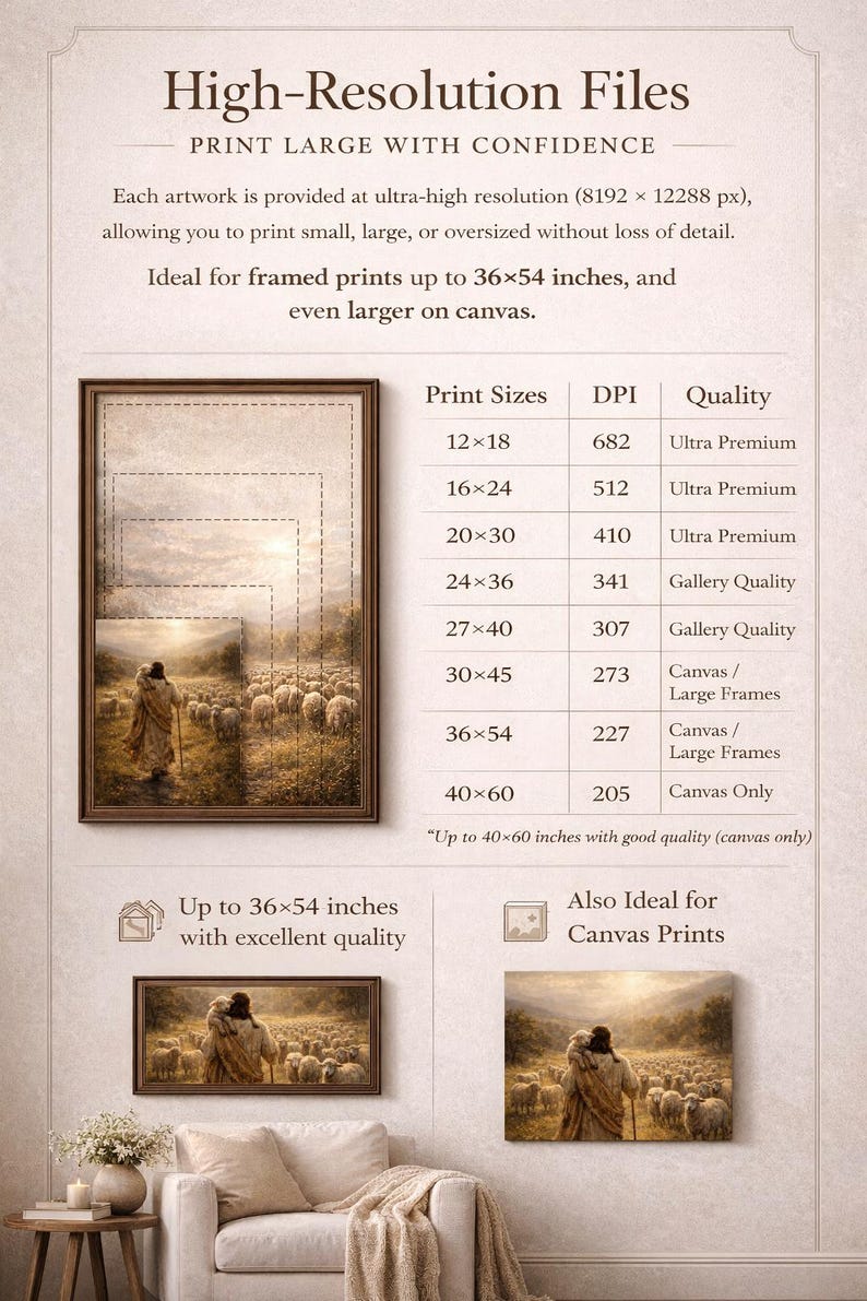 May include: An advertisement for high-resolution art prints. The image shows a framed artwork with a person and sheep, with print size options from 12x18 inches to 40x60 inches. The text highlights print quality and canvas options.
