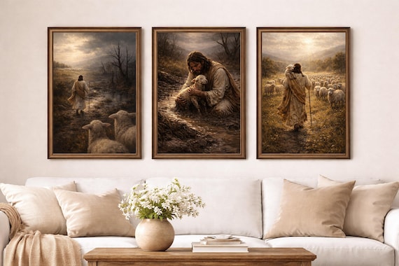 Set of 3 Christian Wall Arts | He Leaves the 99 to Find the One | Jesus and the Lost Lamb | Faith Wall Decor | Digital Download