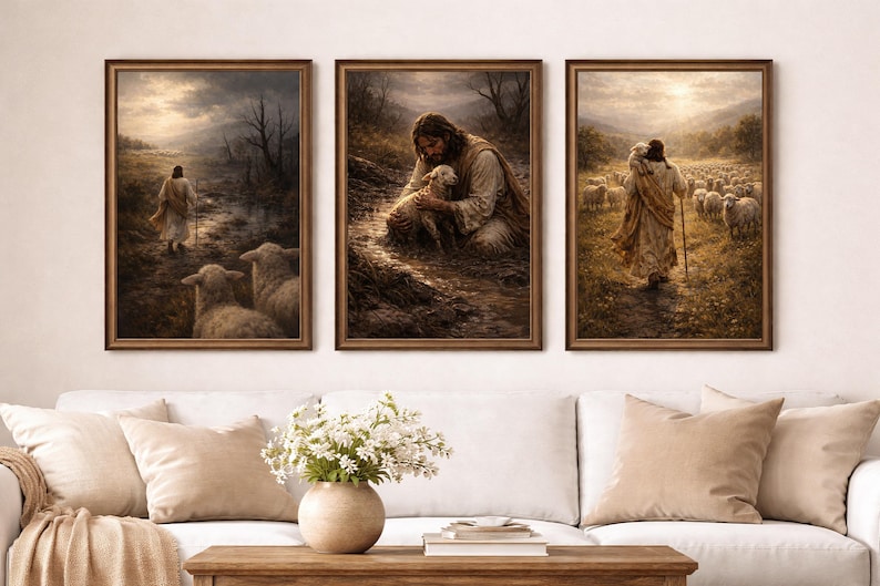 May include: A triptych of framed art prints showing religious scenes. The images feature a figure in robes with sheep, set in a landscape with muted colours. The frames are a warm brown.