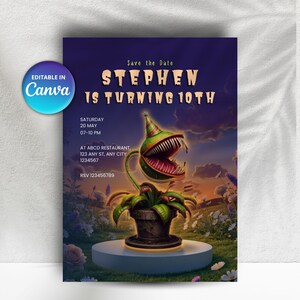 May include: A birthday invitation flyer featuring a green carnivorous plant in a pot wearing a party hat. The text reads: Save the Date, STEPHEN IS TURNING 10TH, SATURDAY 20 MAY 07-10 PM, AT ABCD RESTAURANT, 123 ANY ST, ANY CITY 1234567, RSV 123456789.