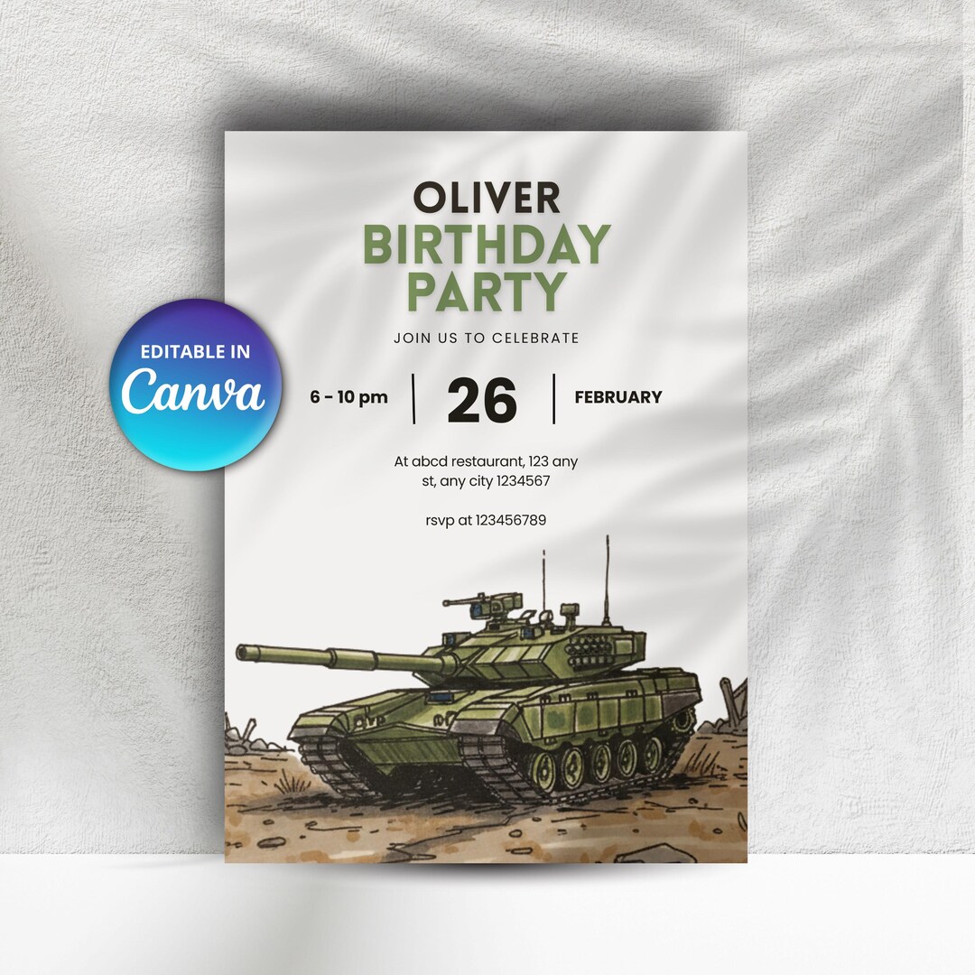 Military Tank Birthday Invitation Template, Armored War Vehicle Party ...