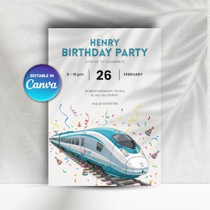 Może przedstawiać: Zaproszenie na przyjęcie urodzinowe z ilustracją niebiesko-białego pociągu. Zaproszenie zawiera tekst "HENRY BIRTHDAY PARTY" oraz szczegóły wydarzenia. Kolorowe konfetti i czapeczki imprezowe zdobią projekt. Zaproszenie jest edytowalne w Canva.