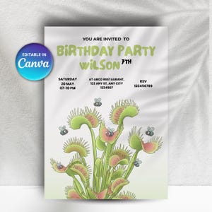 May include: A birthday party invitation card featuring a green Venus flytrap illustration with small cartoon flies. The text reads: YOU ARE INVITED TO BIRTHDAY PARTY WILSON 7TH, SATURDAY 20 MAY 07-10 PM, AT ABCD RESTAURANT, 123 ANY ST, ANY CITY 1234567, RSV 123456789.