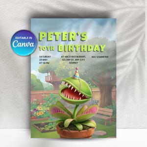 May include: A digital birthday invitation card featuring a green carnivorous plant in a terracotta pot wearing a party hat. The text reads: PETER'S 10TH BIRTHDAY, SATURDAY 20 MAY 07-10 PM, AT ABCD RESTAURANT, 123 ANY ST, ANY CITY 1234567, RSV 123456789.