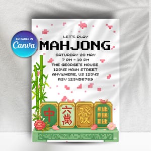 Mahjong-inbjudan, spelkvällsfestinbjudan, kinesiskt tema, redigerbar canvas digital nedladdning