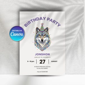 Alpha Wolf Birthday Party Invitation for Wolf Lodge Theme, Editable Digital Download