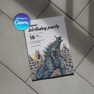 May include: A birthday party invitation featuring a Godzilla illustration. The invitation includes the text "James birthday party" and details for the event, including the date, time, and location. The invitation is editable in Canva.