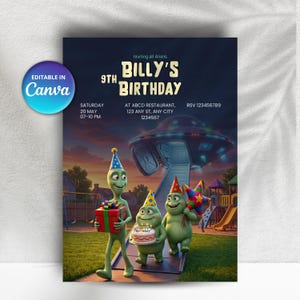 May include: A birthday invitation card featuring three green aliens in party hats standing on a ramp leading to a UFO. The text reads Billy's 9th Birthday, Inviting all Aliens, Saturday 20 May 07-10 PM, at ABCD Restaurant, 123 Any St, Any City.
