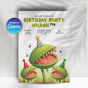 May include: A birthday party invitation card featuring three green carnivorous plants with sharp teeth, each wearing a colorful party hat. The text reads: YOU ARE INVITED TO BIRTHDAY PARTY WILSON 7TH, SATURDAY 20 MAY 07-10 PM, AT ABCD RESTAURANT.