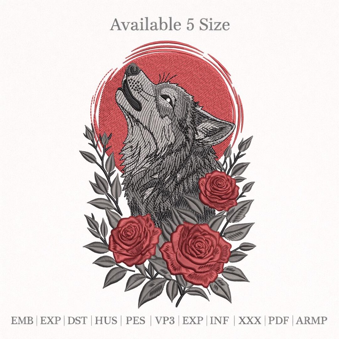 Wolves Dst Howling Wolf Rose Embroidery Design, Gothic Wolf Floral Embroidery File ...