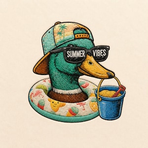 Peut inclure: Un écusson brodé représentant un canard colvert portant une casquette de baseball bleu sarcelle et orange à motifs de palmiers et des lunettes de soleil noires avec le texte SUMMER VIBES. Il est dans une bouée et tient un seau bleu avec une pelle rouge.