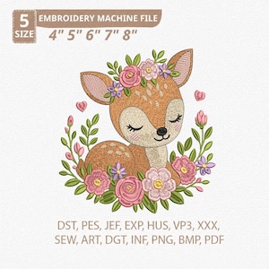 May include: An embroidery machine file featuring a cute cartoon deer with closed eyes, surrounded by pink and purple flowers and green leaves. The text "EMBROIDERY MACHINE FILE" and size options from 4" to 8" are displayed. File formats include DST, PES, JEF, and more.
