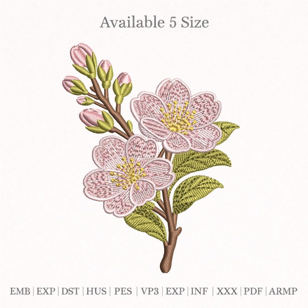 Cherry Blossom Embroidery Design, Sakura Flower Branch Pink Floral ...
