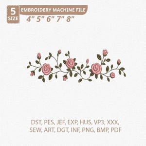 Broderidesign med rosenranka, broderi med rosa blommig kant, elegant blomstergirlansöm, dekorativt blommönster