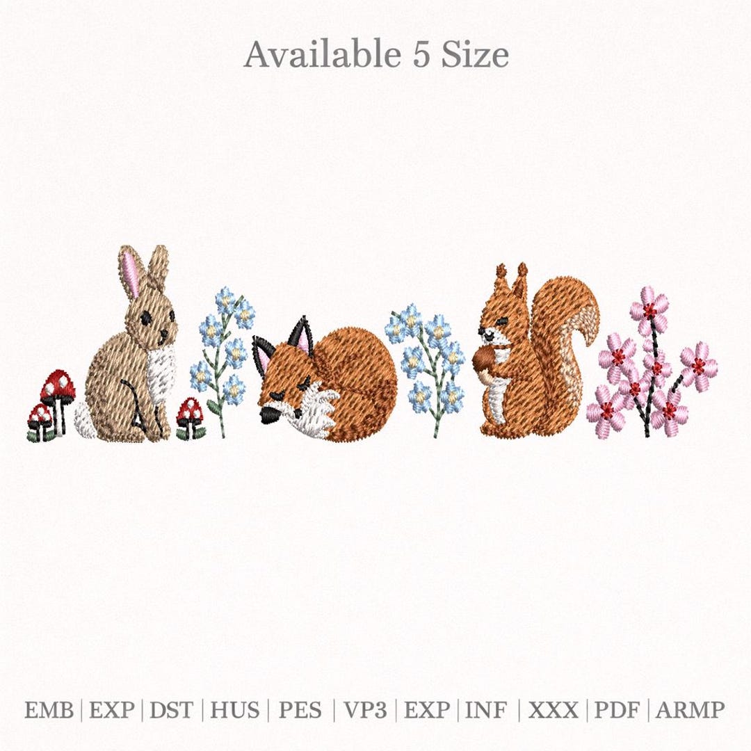 Woodland Animals Embroidery Design Set, Bunny Fox Squirrel Mini ...