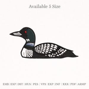 May include: An embroidered design of a loon, featuring a black head and back, white and black patterned wings, and a red eye. The text "Available 5 Size" is above the design. Below the design are file type abbreviations.