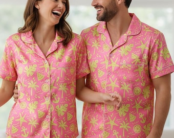 Family Matching Tropical Pink Satin Pajama Set: Short Sleeve Summer Sleepwear