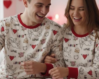 Pigiama per San Valentino per coppie, con stampa Cupido e amore, morbido, a maniche lunghe, comodo e romantico, per le feste.