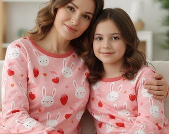 Conjunto de pijama de conejito a juego para mamá y yo, con estampado de corazón de fresa rosa, de algodón suave, ropa de dormir familiar, ropa de dormir bonita