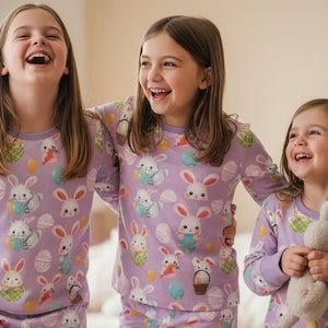 Puede incluir: Tres ni&ntilde;os con pijamas lavanda a juego con motivos de Pascua, incluyendo conejos, huevos y cestas. Los ni&ntilde;os sonr&iacute;en y r&iacute;en, creando un ambiente alegre. Uno de ellos sostiene un conejito de peluche.