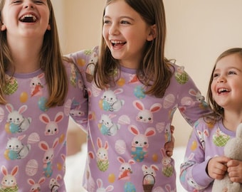 Girls Easter Bunny Egg Pajama Set: Long Sleeve Sleepwear Outfit