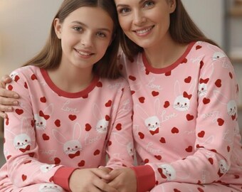 Matching Mommy And Me Pink Bunny Pajamas Set Heart Love Print Soft Cotton Family Sleepwear Cozy Cute Nightwear