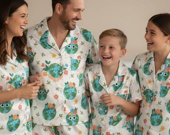 Family Earth Day Satin Pajama Set: Matching Floral Globe Print Loungewear
