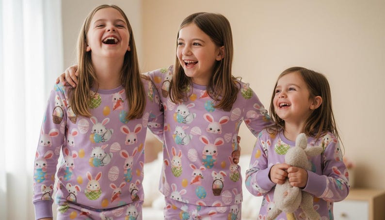 Puede incluir: Tres ni&ntilde;os con pijamas lavanda a juego con motivos de Pascua, incluyendo conejos, huevos y cestas. Los ni&ntilde;os sonr&iacute;en y r&iacute;en, creando un ambiente alegre. Uno de ellos sostiene un conejito de peluche.