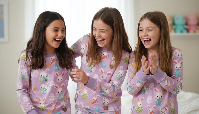 Puede incluir: Tres j&oacute;venes con pijamas lavanda a juego con un estampado de conejitos y huevos de Pascua, riendo. Los pijamas de manga larga tienen pu&ntilde;os morados y cuello redondo. El fondo incluye una ventana y una estanter&iacute;a con peluches.