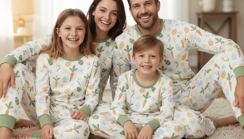 May include: A family of four wearing matching pyjamas. The pyjamas are white with a pattern of carrots, eggs, and flowers. The pyjamas have green trim on the collar and cuffs. The family is smiling at the camera.