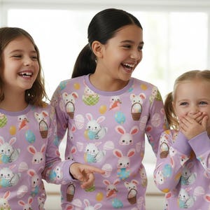 Puede incluir: Tres chicas con pijamas lavanda a juego con un tema de Pascua. Las camisas de manga larga presentan un estampado de conejitos, huevos de Pascua y cestas. Las chicas sonr&iacute;en y se r&iacute;en.