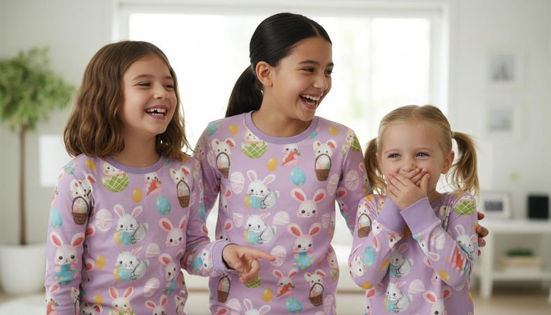 Puede incluir: Tres chicas con pijamas lavanda a juego con un tema de Pascua. Las camisas de manga larga presentan un estampado de conejitos, huevos de Pascua y cestas. Las chicas sonr&iacute;en y se r&iacute;en.
