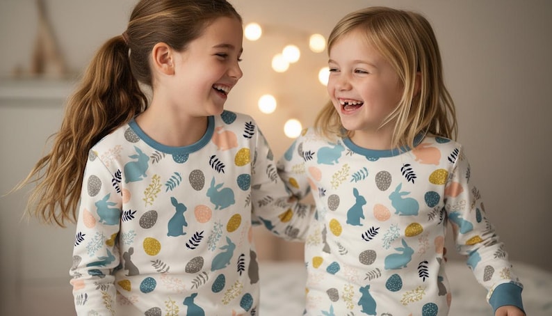 Pijamas familiares a juego para Pascua: Conjunto de pijamas con estampado de conejitos y huevos. imagen 3