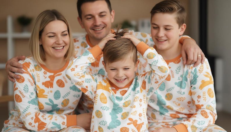 Puede incluir: Una familia de cuatro personas con pijamas blancos a juego con ribetes naranjas y un estampado de huevos y conejos de Pascua. La familia sonr&iacute;e y r&iacute;e, creando un ambiente alegre. Los pijamas parecen estar hechos de un material suave y c&oacute;modo.