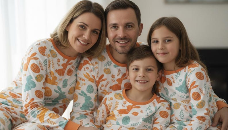 Puede incluir: Una familia de cuatro personas con pijamas a juego. Los pijamas son blancos con un estampado de conejitos y huevos de Pascua en naranja y turquesa. La familia sonr&iacute;e a la c&aacute;mara.