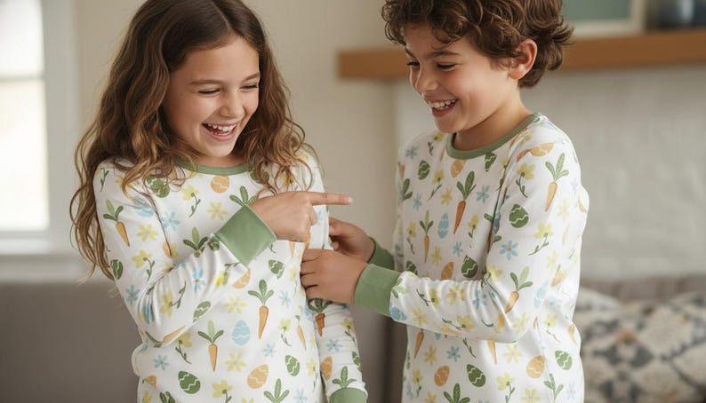 May include: Two children wearing matching white pyjamas with a colourful Easter-themed print. The long-sleeved pyjamas feature carrots, flowers, and Easter eggs. The pyjamas have green trim around the neck and cuffs. The children are smiling and pointing at each other.