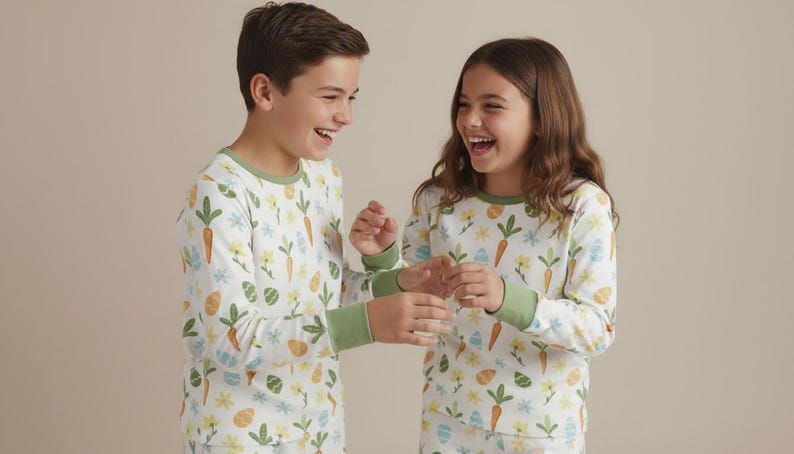 May include: Two children wearing matching white pyjamas with a colourful Easter-themed print. The pyjamas feature carrots, flowers, and Easter eggs. The long-sleeved tops have green trim around the neck and cuffs.