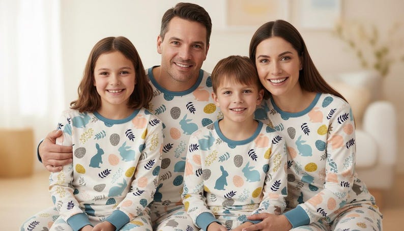 Puede incluir: Una familia de cuatro personas con pijamas a juego. Los pijamas son blancos con un estampado de conejitos azules, huevos y ramitas. Los pijamas tienen ribetes azules alrededor del cuello y las mu&ntilde;ecas. La familia sonr&iacute;e a la c&aacute;mara.