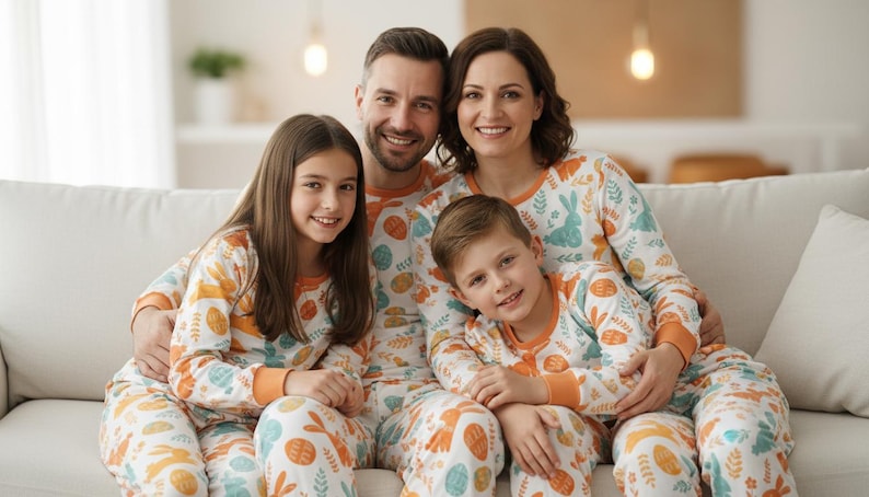 Puede incluir: Una familia de cuatro sonr&iacute;e sentada en un sof&aacute; blanco. Llevan pijamas a juego con un fondo blanco y un estampado de huevos naranjas, conejos azules y hojas verdes. Los pijamas tienen pu&ntilde;os naranjas.