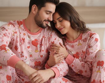 Conjunto de pijama para San Valentín para parejas, con estampado de corazones, suave y acogedor, ideal para descansar y disfrutar de las vacaciones.