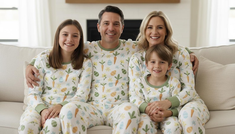 May include: A family of four wearing matching pyjamas. The pyjamas are white with a pattern of carrots, eggs, and flowers. The pyjamas have green trim around the neck and wrists. The family is sitting on a white sofa.