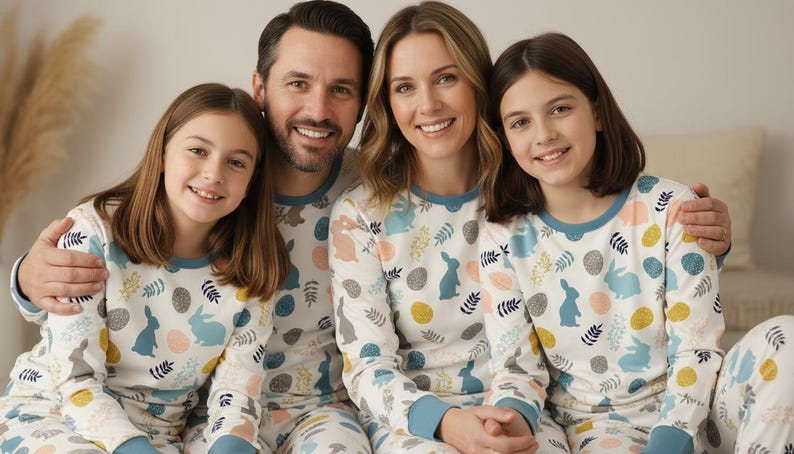 Pijamas familiares a juego para Pascua: Conjunto de pijamas con estampado de conejitos y huevos. imagen 4