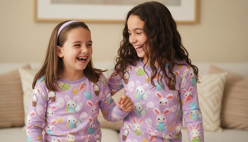 Puede incluir: Dos ni&ntilde;as peque&ntilde;as con pijamas lavanda a juego con un estampado repetido de conejitos de Pascua, huevos y cestas. Las camisas y pantalones de manga larga son de un material suave y c&oacute;modo. Las ni&ntilde;as est&aacute;n sonriendo y riendo.